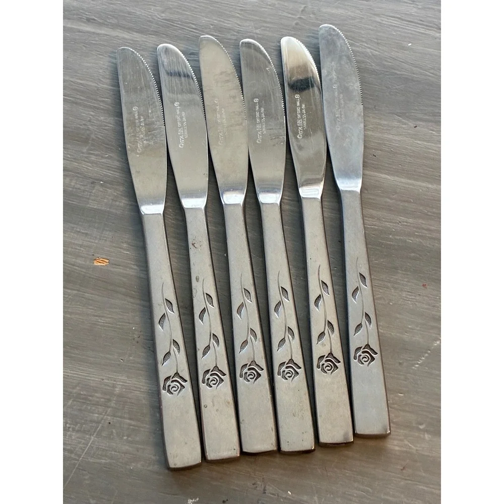 Oxford Hall 1974 Rose Stainless Steel Dinner Knives Set of 6 Japan Flatware